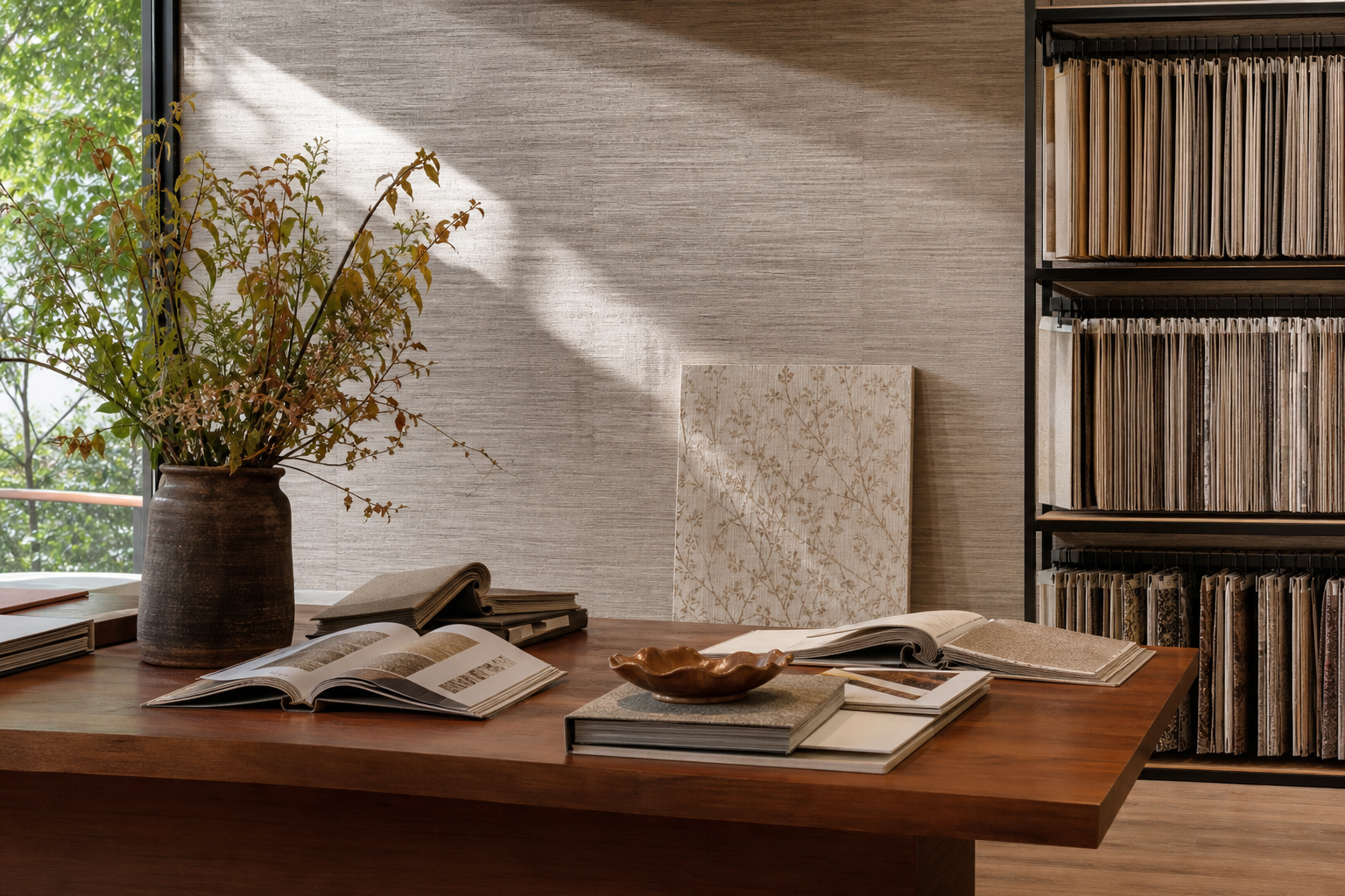 Warm showroom table with wallcovering samples, books and material boards
