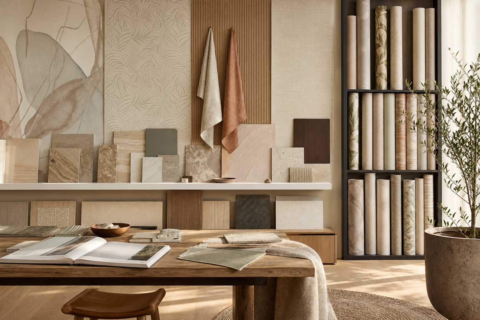 Wallcovering rolls, sample boards and fabric pieces arranged in a design studio