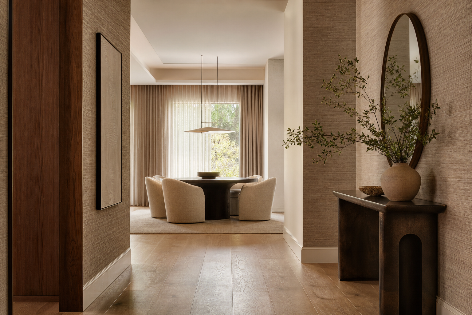 Residential hallway with warm wallcovering and layered interior finishes